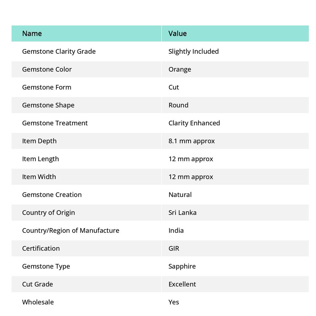 Orange Sapphire 8.00 Ct Precious NATURAL Round  Shape CERTIFIED Loose Gemstone Aq-706033