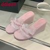 Fashion Fashion Butterfly-Knot Women Wedges Slippers Shoes Female Slides Sandals Round Toe Ladies Heeled Slippers Wedges Shoes Pumps