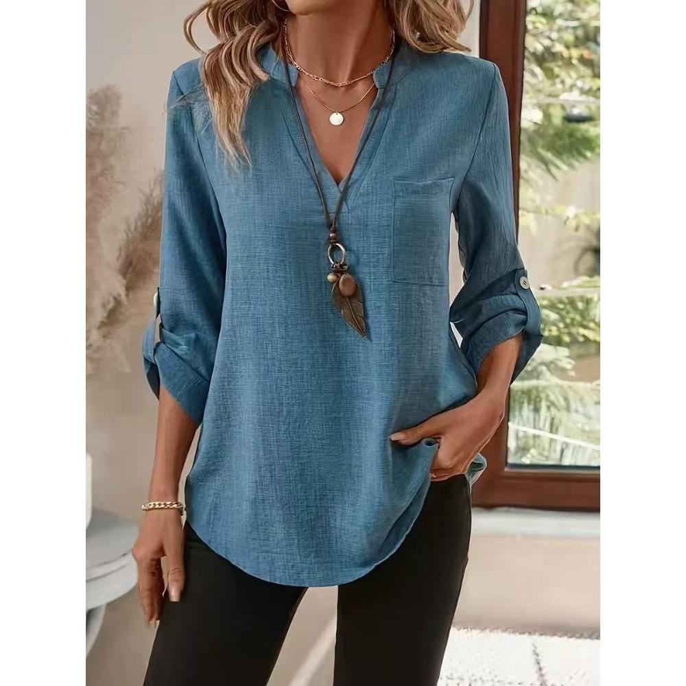 IHUASU Women's Fashion Casual Solid Color Print Long Sleeve V Neck Blouses & Shirts