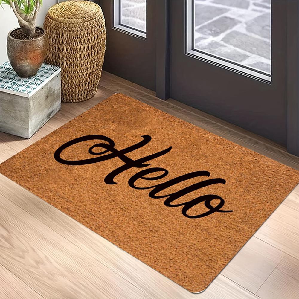 Brown Hello Black Handwritten Carpet Mat Anti-Slip Rubber Backing Rug for Entryway Front Door Hallway Home Decoration Durable