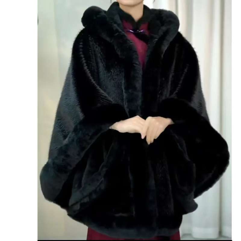 Shawl Outwear Cloak Women's Large Fur Collar Cloak Fashionloosefleece-linedthickenedwinterheattech Coat