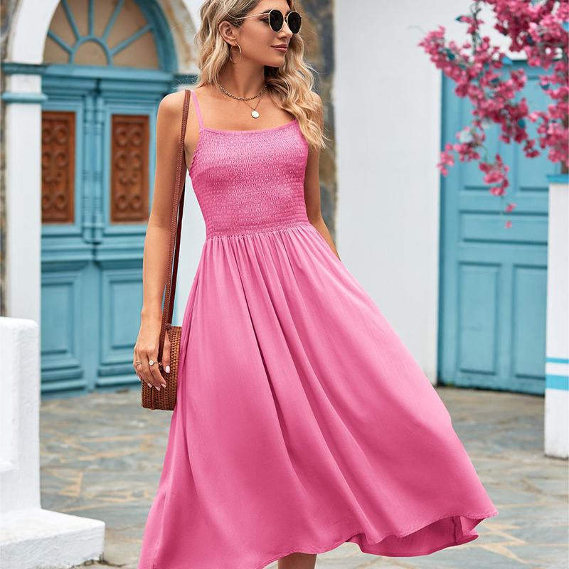 Women Summer Long Dress Casual Elastic Sleeveless Mid-calf Solid Color Sundress