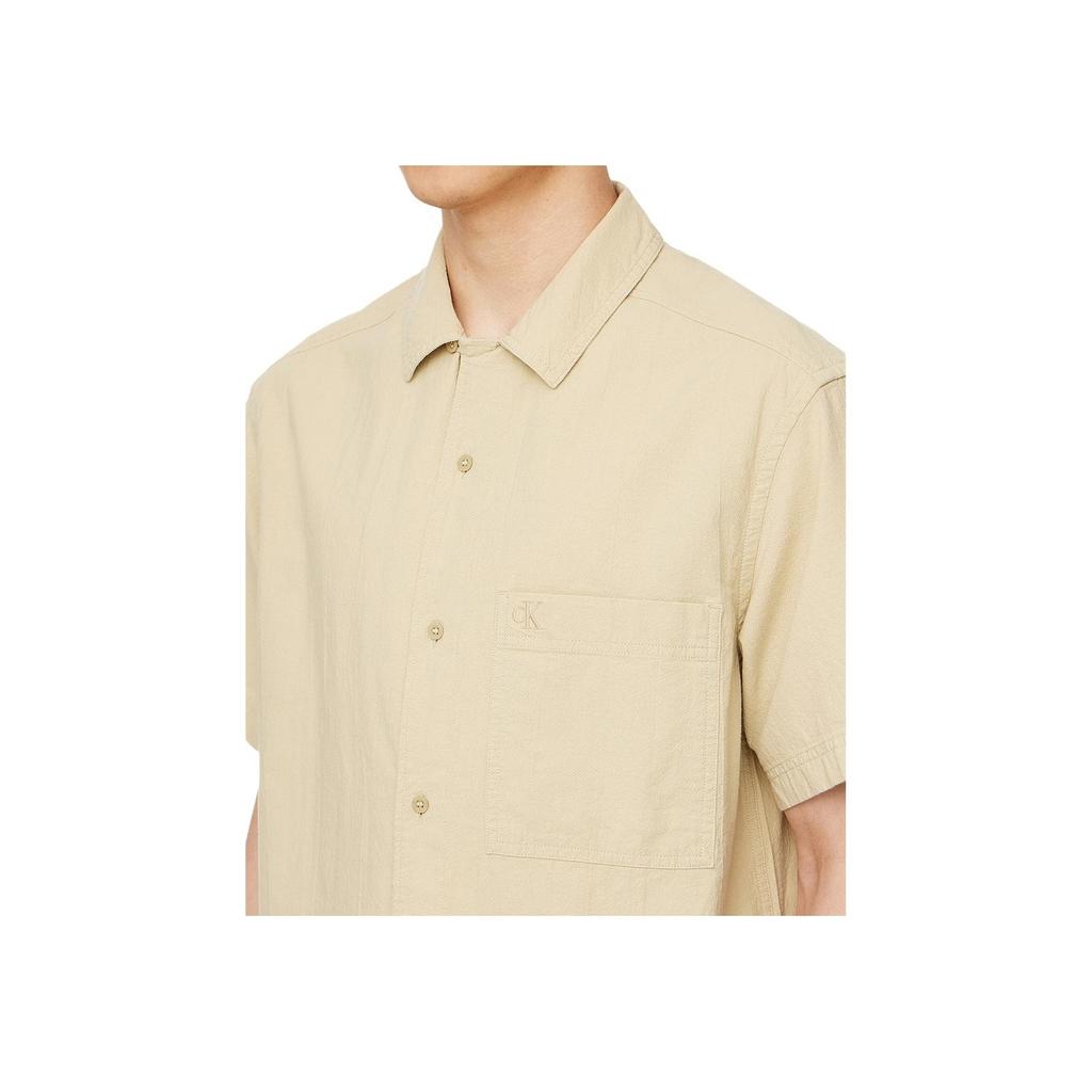 Calvin Klein Casual Minimalist Embroidered Pocket Pleated Cotton Short Sleeve Shirt Men shirts Khaki J325603