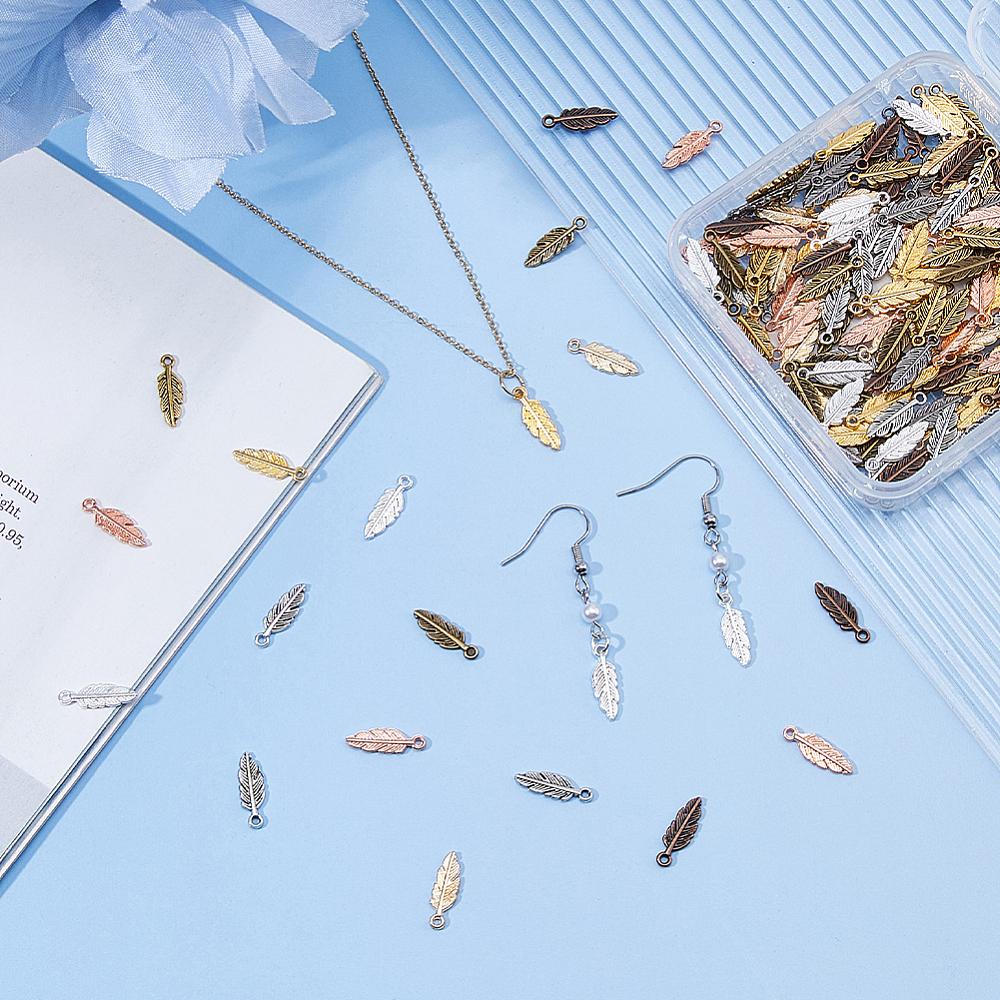 180Pcs 9 Colors Tibetan Style Zinc Alloy Pendants Feather Charms Mixed Color 15x4.5x1.5mm Hole: 1mm 20pcs/color