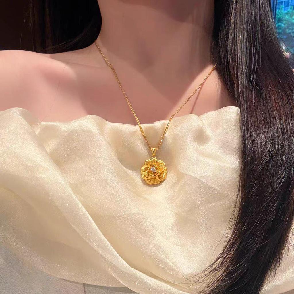 Gold-Style Sand Gold Pendant Necklace with 3D Engraved Peony, Brushed Finish, Sweater Chain for Women, Perfect Gift
