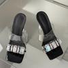 Liyke New Big Crystal Rhinestone Chain Women Clear Heels Mules Slippers Summer Square Toe Pvc Transparent Sandals Wedding Shoes