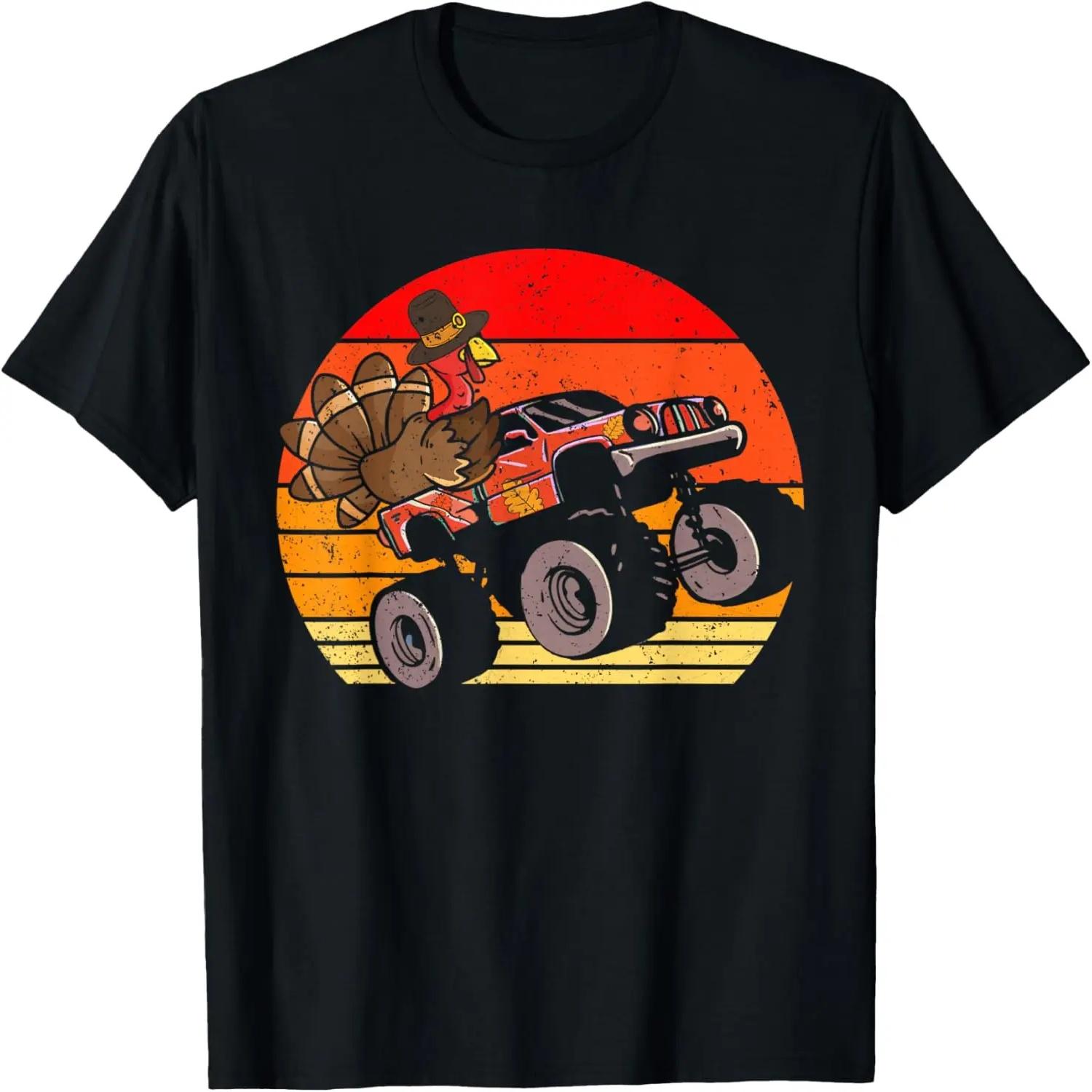Boys Kids Thanksgiving Turkey Riding Monster Truck Vintage T-Shirt S