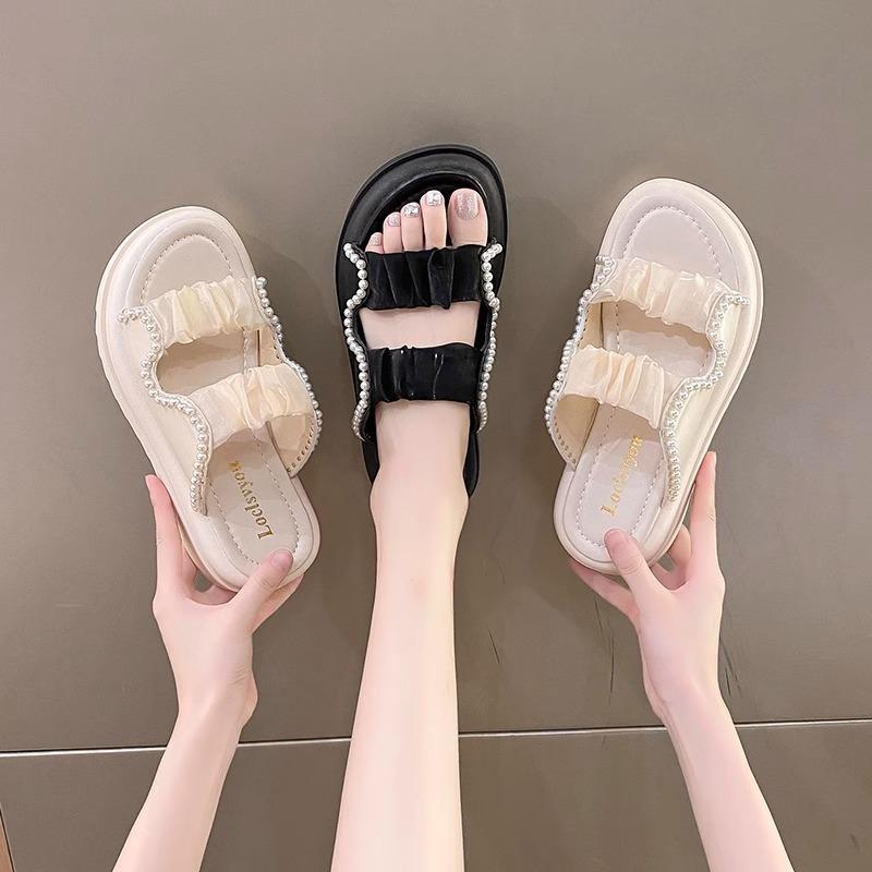 Platform Sandals Women's Summer Wear 2025 New Fairy Style Roman Shoes Pearl Soft Sole Beach Cool Slippers