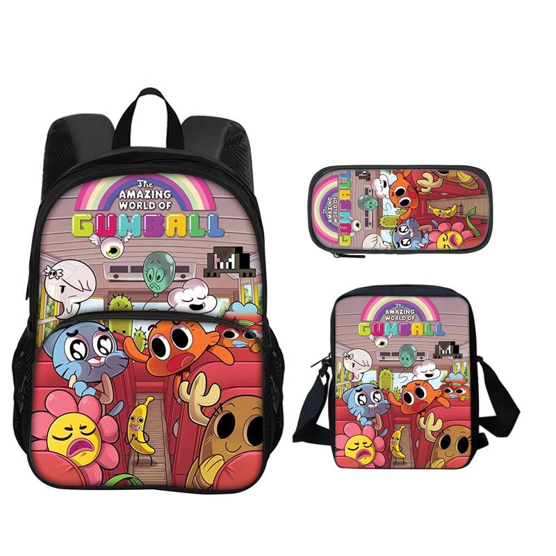 The Amazing World of Gumball Round Front Bag Backpack Pen Bag Shoulder Bag 3Pcs Set Cartoon Anime Printed Student Boys and Girls