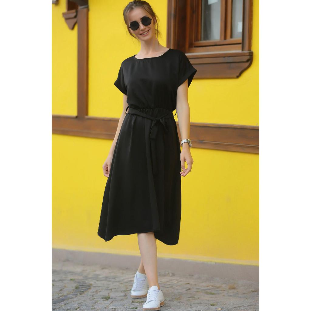 Rochie neagră pentru femei, cu talie elastică, cu braț-18y001133