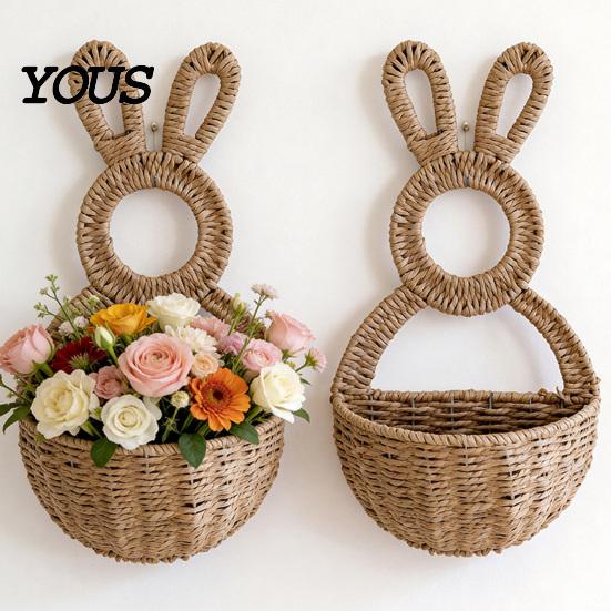 Dried Flower Wall Holder Easter Bunny Woven Basket, Handmade Rabbit Rustic Hanging Basket Living Room Ornament for or Faux Flowers Plants, Farmhouse