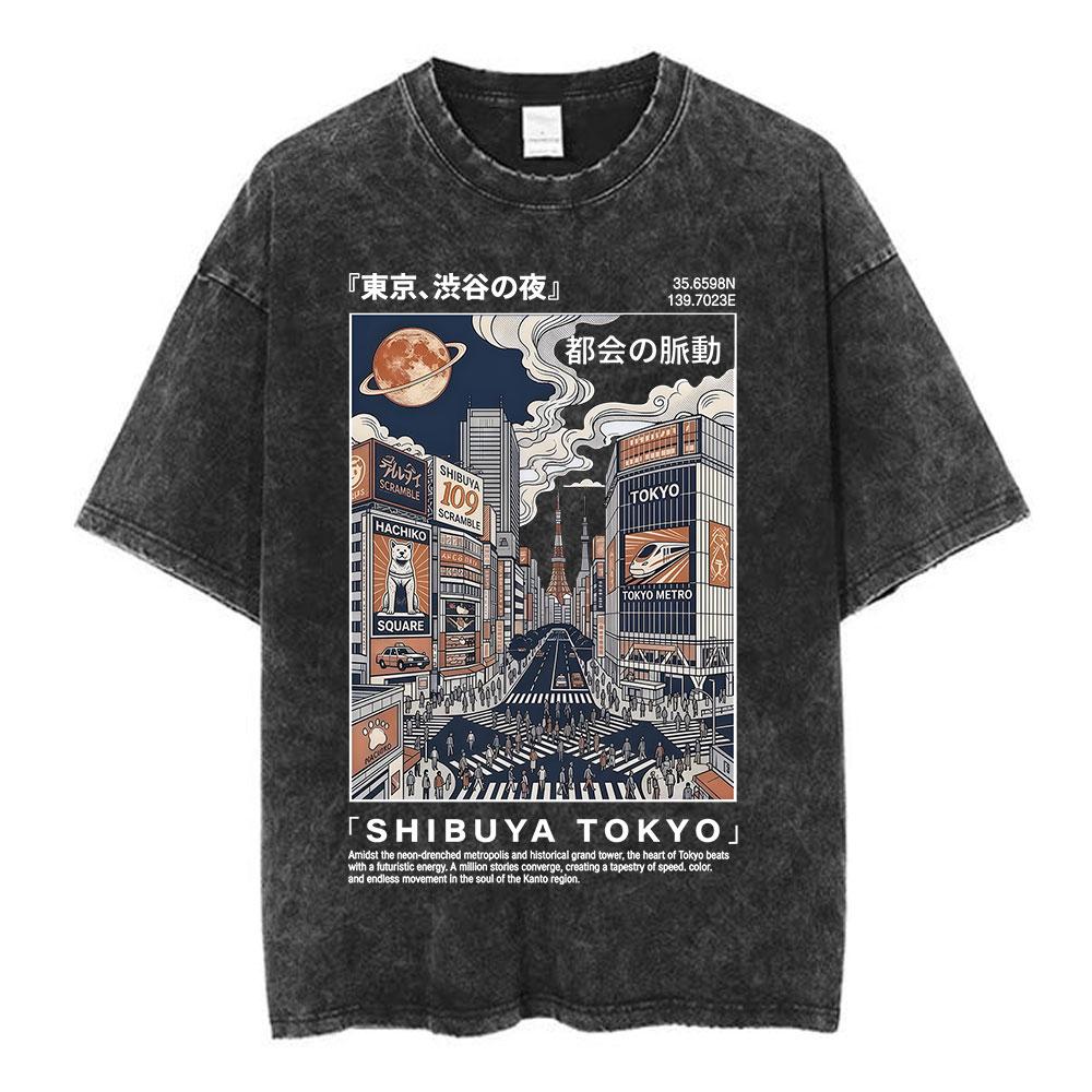 Vintage Japan Osaka Dotonbori Krabben Stadtbild Grafik T-Shirts Herren Gewaschen Mode Übergroßes Baumwoll-T-Shirt Unisex Streetwear