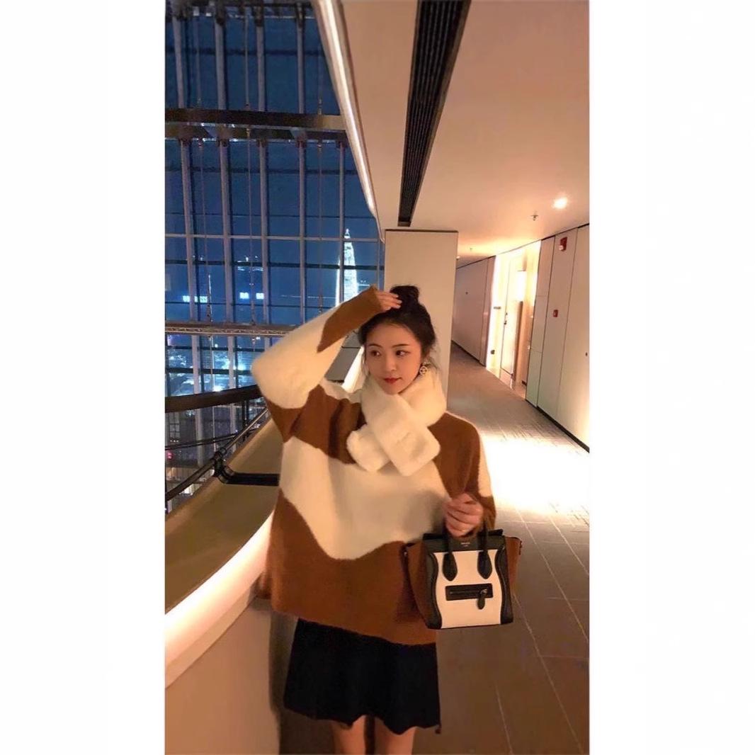 

Retro Women s Color Block Round Neck Sweater - Autumn/Winter Loose Knit Base Layer Top Medium коричневий