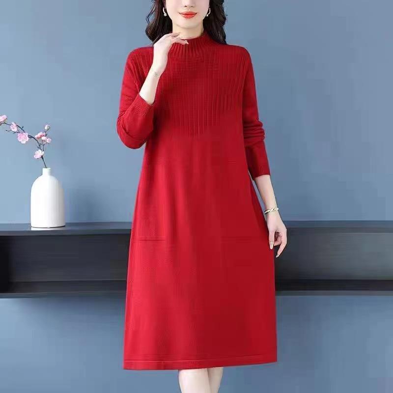 

Осенне-зимнее женское платье-свитер средней длины свободного кроя, наряд для матери среднего возраста, вязаное плотное платье 3XL красный