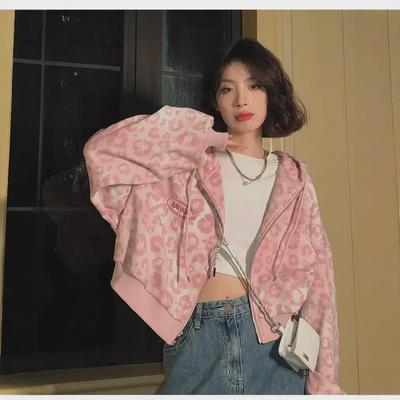Women's Pink Leopard Print Hooded Cardigan Jacket - Retro Hong Kong Style for Spring and Autumn