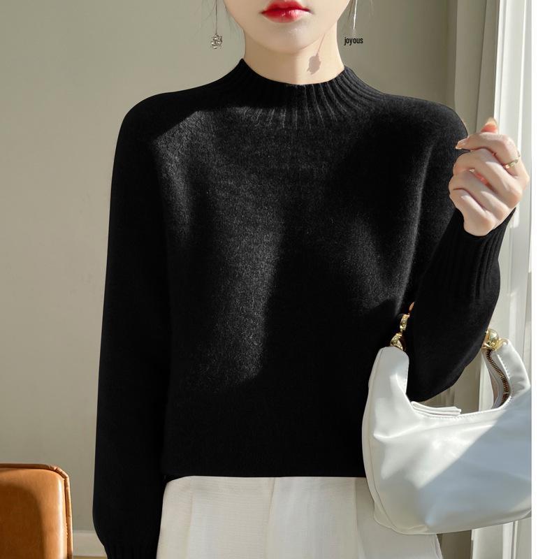 Women's Semi-High Neck Merino Wool Sweater - Autumn/Winter Collection, Versatile Knit Base Layer