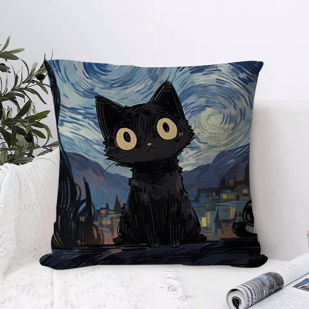 Van Gogh Starry Sky Cat Cushion Cover Eco Linen Pillow Case DoubleSided Print Breathable Durable Zipper Home Decor Gift