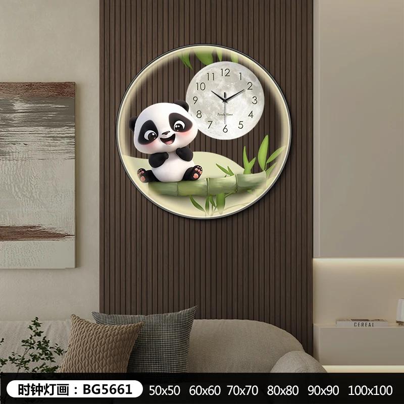 Circular transparent panda wall clock living room dining room decorative painting Creative LED wall light hanging wall clock