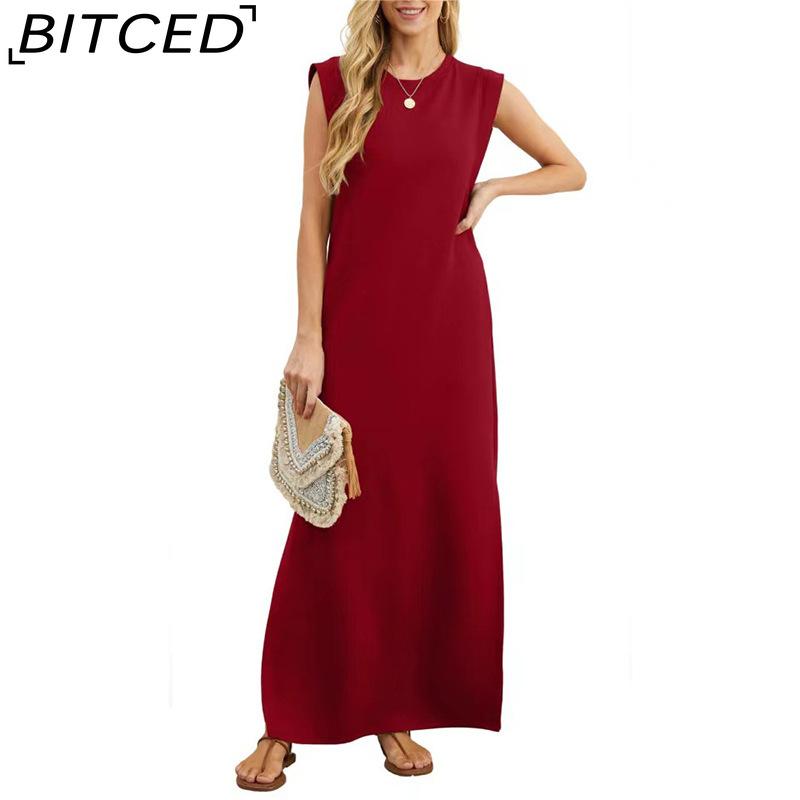 BITCED Women's Summer Solid-Colour Casual Loose-Fit Pocket Dress Long Dress