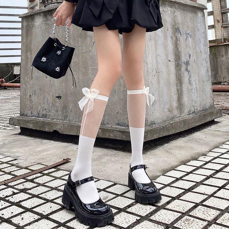Summer Ultra-thin and Thin Jk Mesh Stitching Bow Socks Women's Calf Socks White Lace Lace Medium Tube Socks