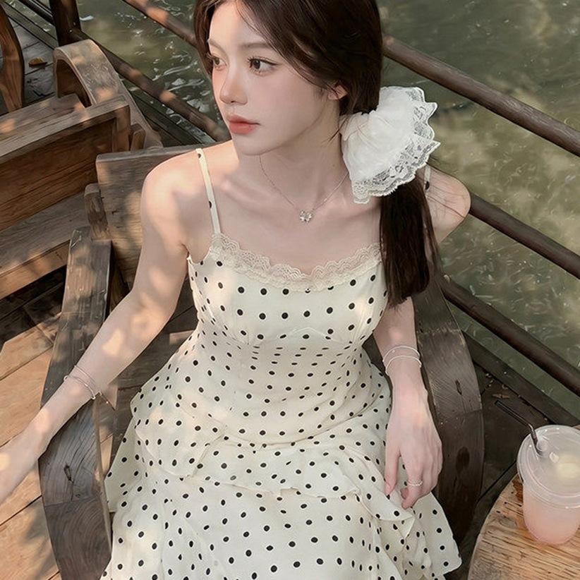 Holiday style French polka dot suspender dress women's summer lotus leaf edge super fairy skirt slim waist word long dress
