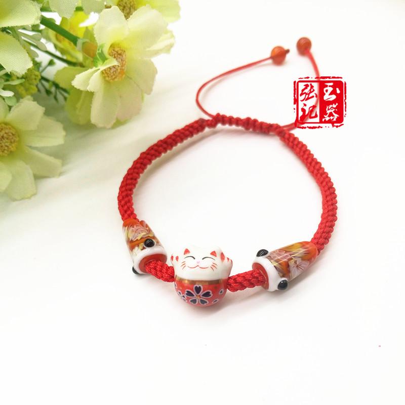 Handmade Ceramic Cat Zodiac Bracelet - Red String Unisex Ethnic Style with Carp Streamer Design