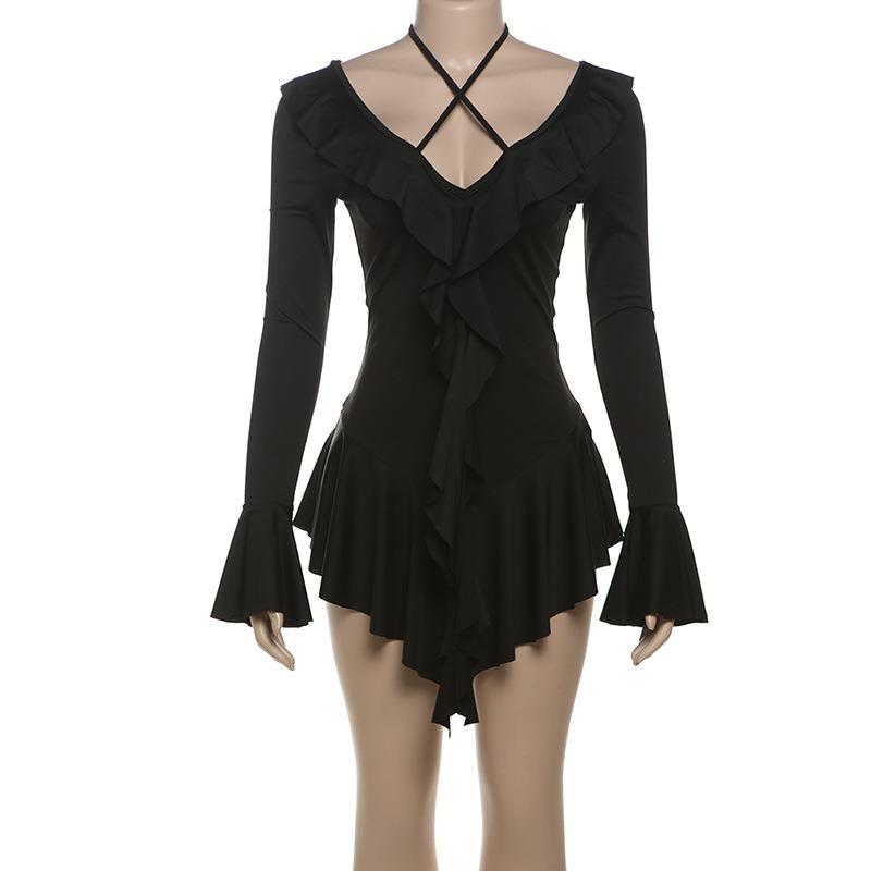 Podzimní a zimní dámské sexy šaty s hlubokým výstřihem do V na zavazování, úzká sukně, jednobarevné, s dřevěným okrajem, s dlouhým rukávem