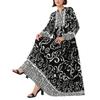 Elegant Long Black Arabic Dress - Women's V-Neck Loose-Fit Islamic Robe with Print