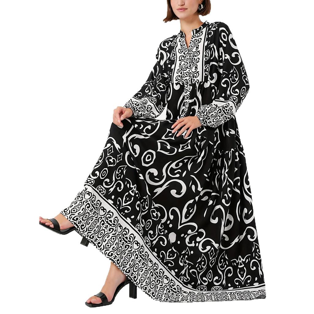 Elegant Long Black Arabic Dress - Women's V-Neck Loose-Fit Islamic Robe with Print