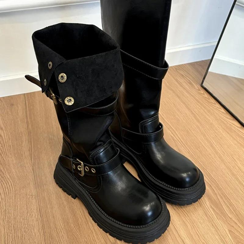 Winter Platform Women Thigh High Boots Fashion Belt Buckle Long Booties Vintage Square Low Heels Ladies Shoes