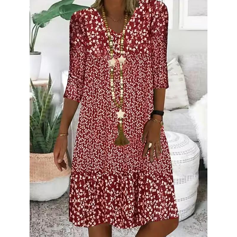 Women's Summer Printed Mid Sleeve V-Neck Midi Dresses