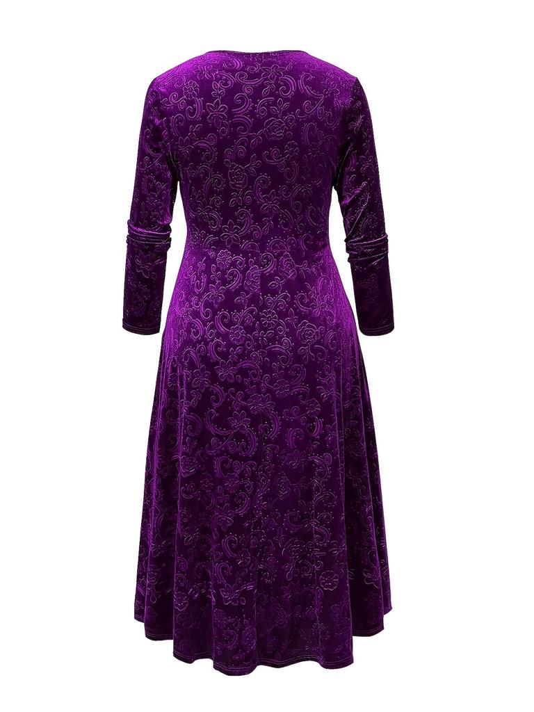 Plus Size Women's 3D Embossed Velvet Long Sleeve Dress - Elegant Slim Fit for Spring/Autumn