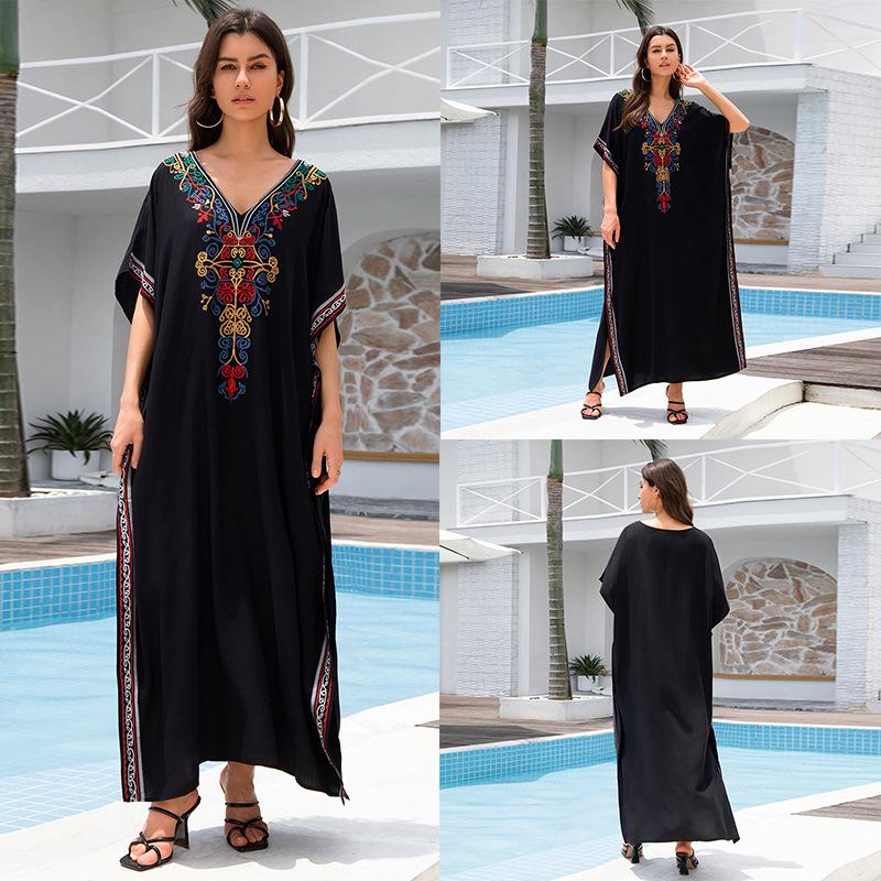 "European & American Embroidered Cotton Maxi Skirt: Women's Beach Sun Protection Robe"