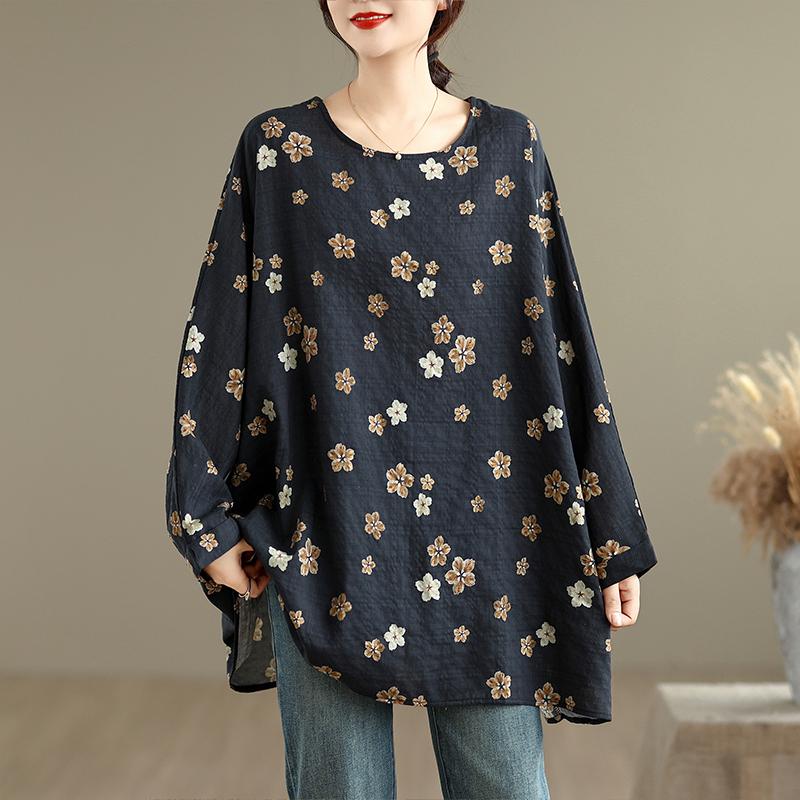 

DIMANAF 2025 Большой размер Осень Новая футболка Женщины Свободный Повседневный Круглый вырез Топы Футболки Рубашки Оверсайз Винтажный принт one size