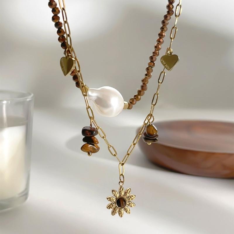 Pack of 2 Chic Stackable Flower Necklaces with Stainless Steel Chain and Simulated Pearls for Fashionable Look