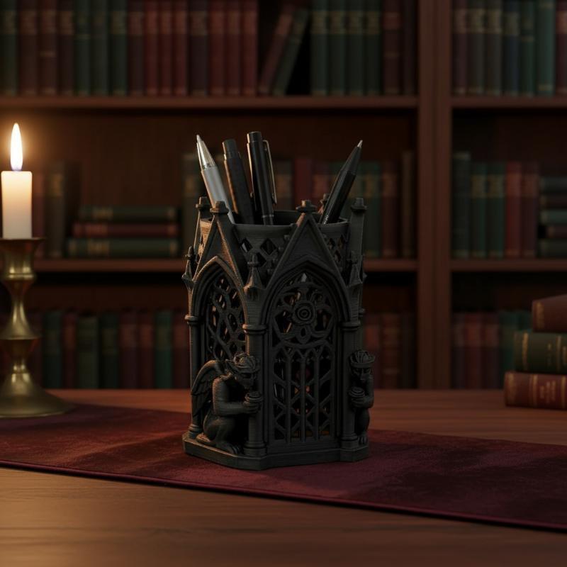 3D Printed Gothic Pen Holder Multifunctional Storage Box Eco-friendly Material for Office Stationery Vanity Use