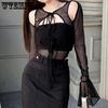 Millennial Spicy Girls Style Mesh Fake Two Pieces Lace Flare Sleeve Bodysuit Sexy Perspective Top Splice Shows Thin Fake Two Pieces Top