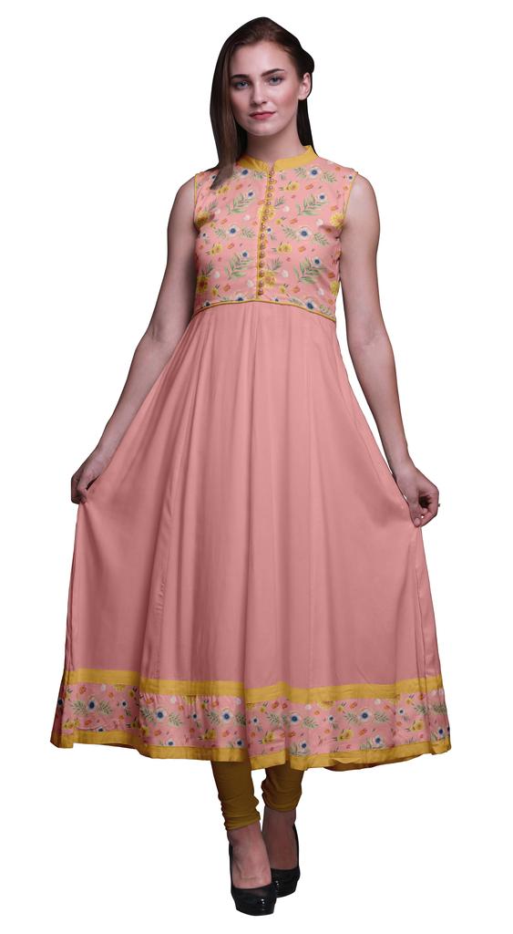 Bimba Aquamarine Green Damask Printed Women Designer Mandarin Collar Anarkali Dress Indian Ethnic Kurta