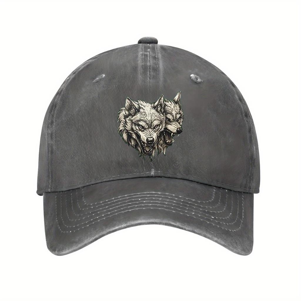 Three Head Wolf Print Baseball Cap Unisex Cotton Adjustable Distressed Style Casual Hat Men Women