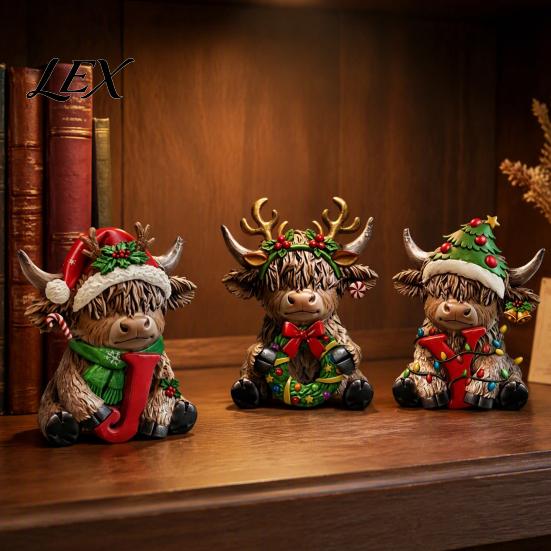 Detailed Figurines for Porch 3Pcs Christmas Highland Cow Figurine, Resin Yak Statues with JOY Letter Sign, Decorative Accents Desk Farmhouse Tabletop