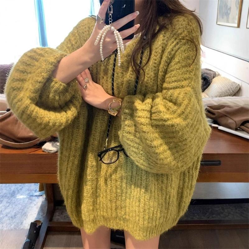 Lazy Style Loose Soft Waxy Round Neck Lantern Sleeve Sweater Women's Autumn and Winter Solid Color Pit Knit Sweater Plus Size Women's Clothing