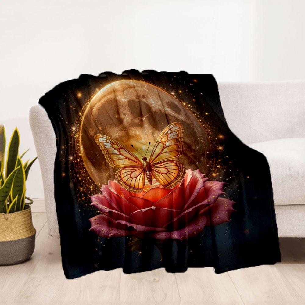 "Enchanted Moonlit Rose Butterfly Wall Art Print"Blanket Flannel Throw Blanket for Sofa, Bed, Travel, Camping, Office