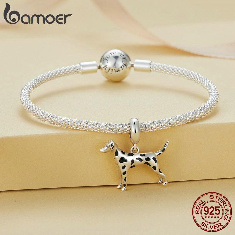 Bamoer 925 Silver Lovely Pet Series Poodle Hanging Bead Bulldog Charms for Women Bracelet and Necklace DIY Fine Jewelry