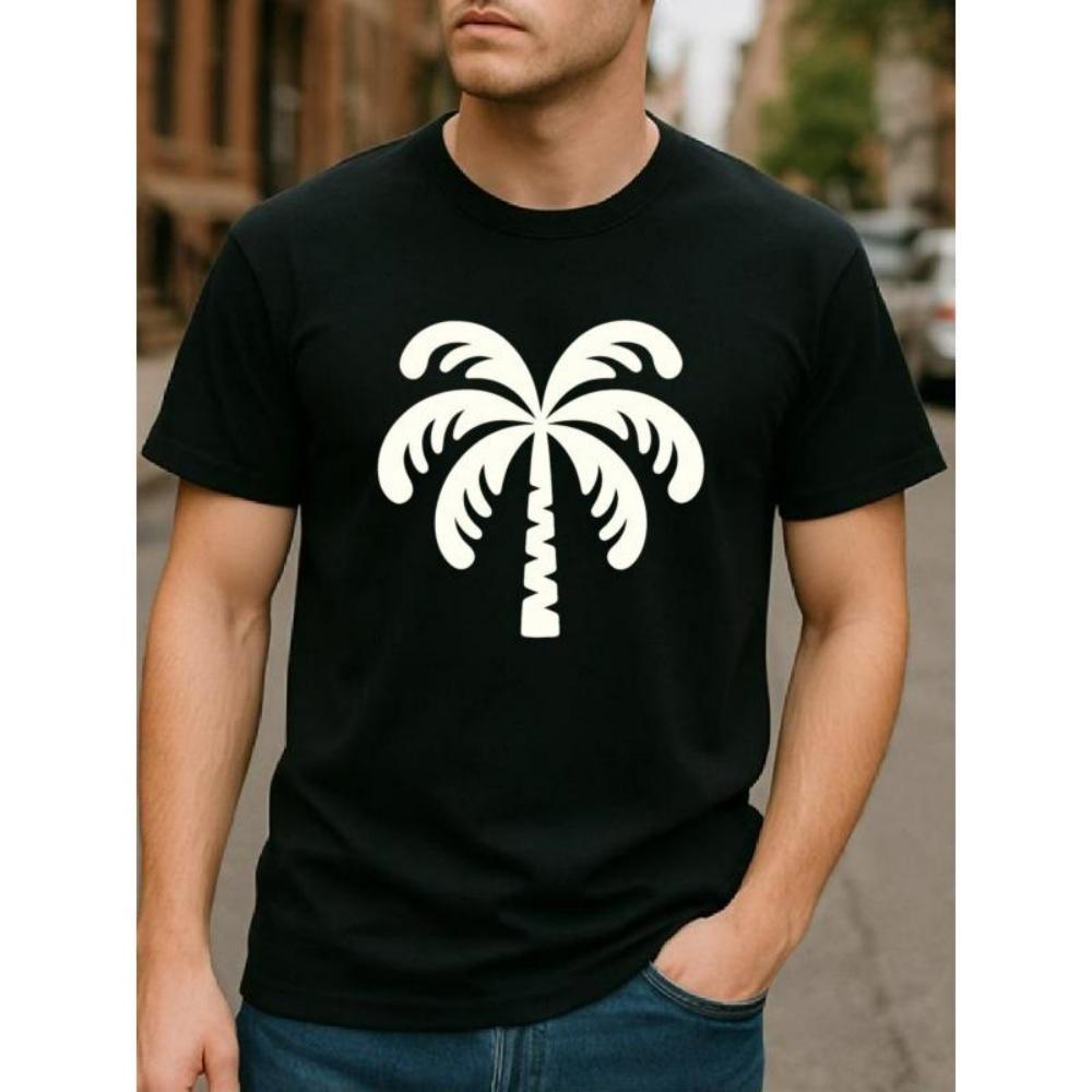 

European Sizes Easy Coconut Tree Pattern _ Fashionable Men S Crew Neck Short-Sleeved T-Shirt, Lightweight XXXXXL чорний