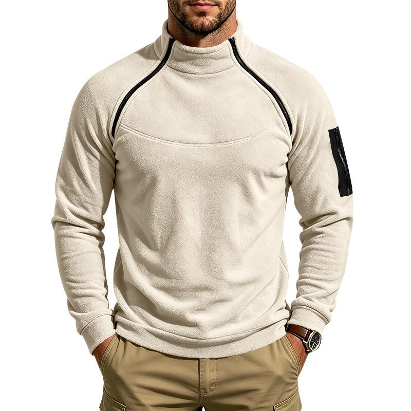 Men's Warm Polar Fleece Stand Collar Sweatshirt Asymmetric Half Zip Long Sleeve Pullover Top with Arm Pocket Outdoor Casual Shirt