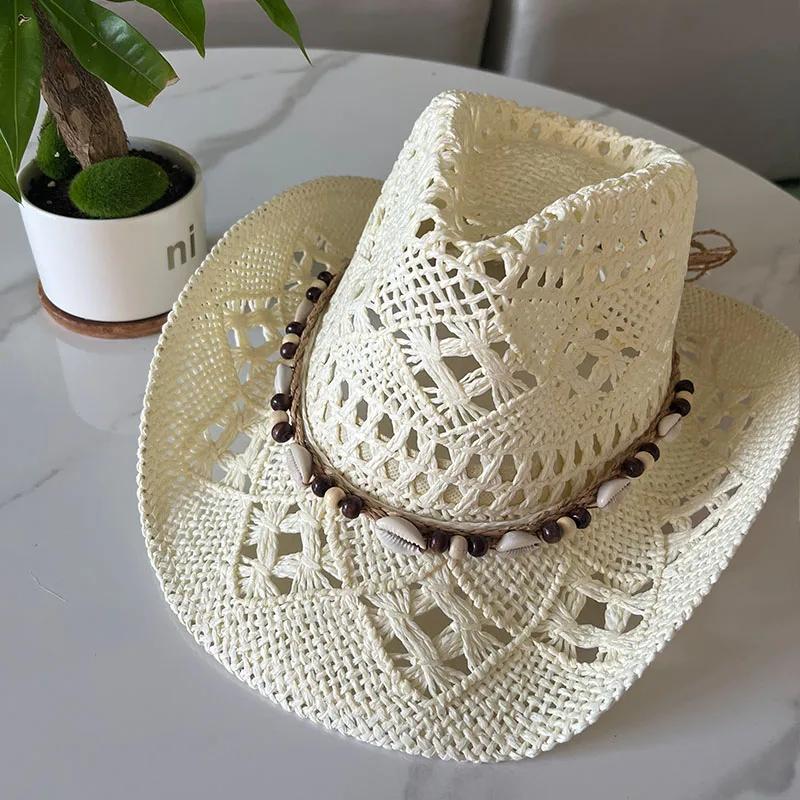 

Summer Bohemian Shell Straw Hat Beach Women Men Cowboy Hats Wooden Beads Hollow Out Western Wide Brim Sun Hat Holiday Cap бежевый