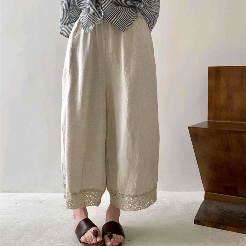 Johnature Pantaloni Patchwork in Pizzo Vintage Giapponese Donna Casual Semplici Larghi Estivi