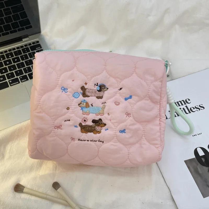 Embroidery Quilted Women's Cosmetic Bag Travel Portable Ladies Storage Handbags Cute Female Makeup Case Clutch Purse with Handle