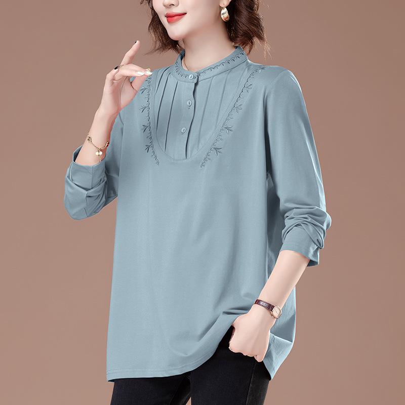 2025 Damen Reines Baumwoll Langarm Locker geschnittenes Oberteil: Halbhoher Kragen, Übergröße, Modische Herbstbekleidung für Mütter mittleren Alters