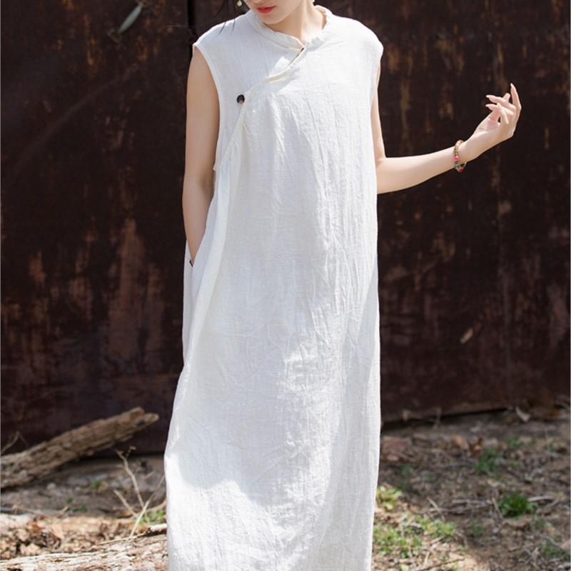 Johnature Women Vintage Dresses Stand Sleeveless Robes Summer Tie-dye Chinese Style A-line Dress